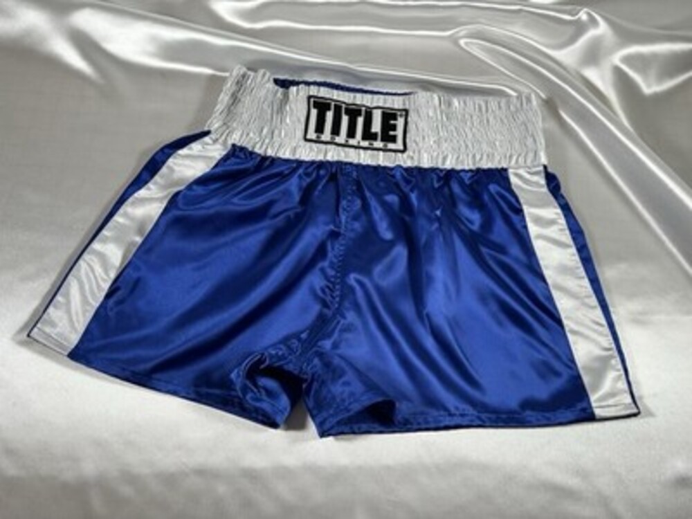 TITLE BOXING SATIN SHINY GLANZ VINTAGE STYLE  TRUNKS MENS SIZE S BLUE & WHITE